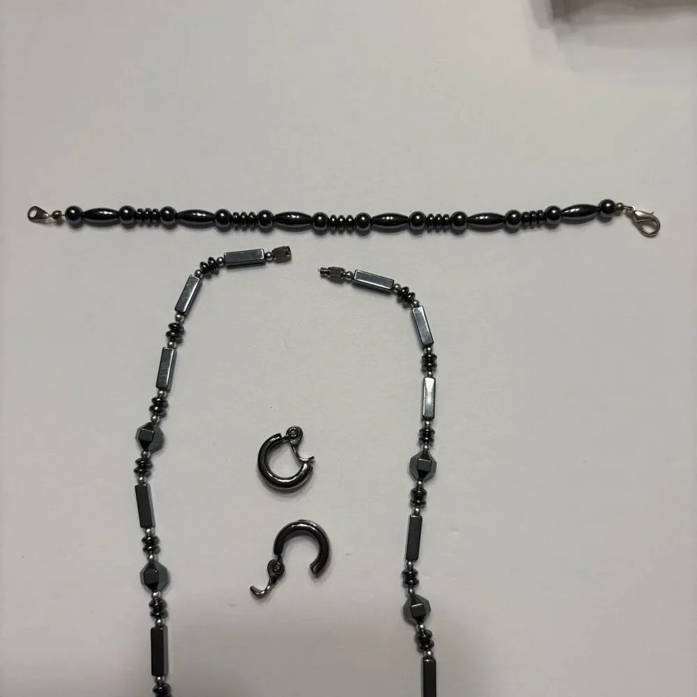 Women Hematite Style Beaded Necklace Beaded Bracelet and Small Clip on Earrings